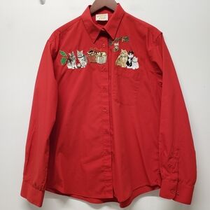 Vintage Tia Button Up LS Shirt Cat Embroidered Size L Red Holiday Festive Cotton